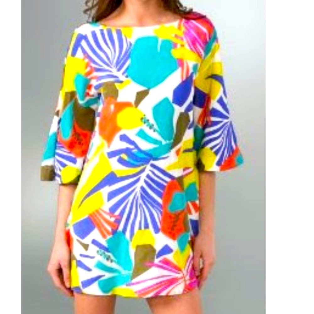 Alice & Olivia Silk Tropical Floral Print Bell Sleeve Silk Dress